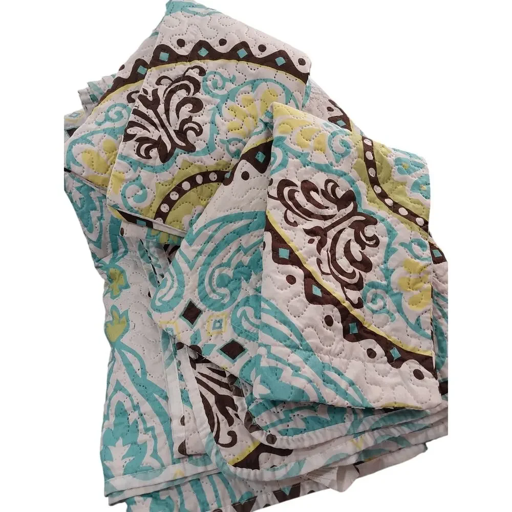 SPIRIT LINEN! WHITE W/YELLOW, AQUA & BROWN MANDALA QUILT & 2 SHAMS! SZ QN
